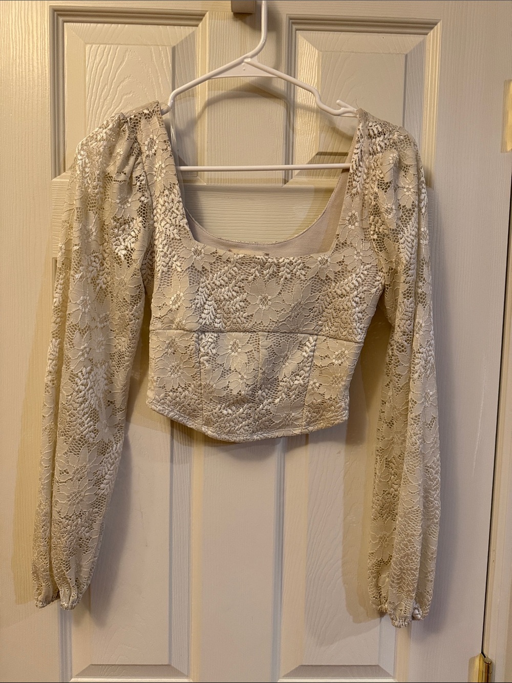 Altar'd State Cream Floral Lace Long-Sleeve Crop Top